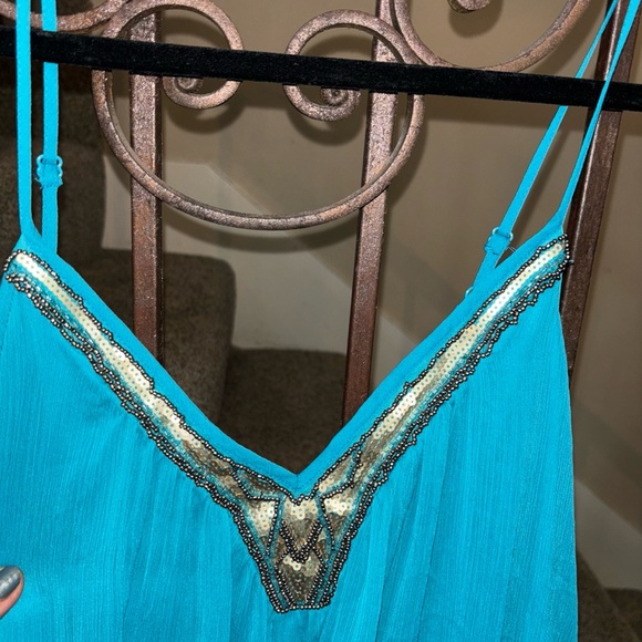 Express Goddess Dress Short Spaghetti Straps L Aura Blue W/Sequin Flowy Lined - Picture 2 of 8